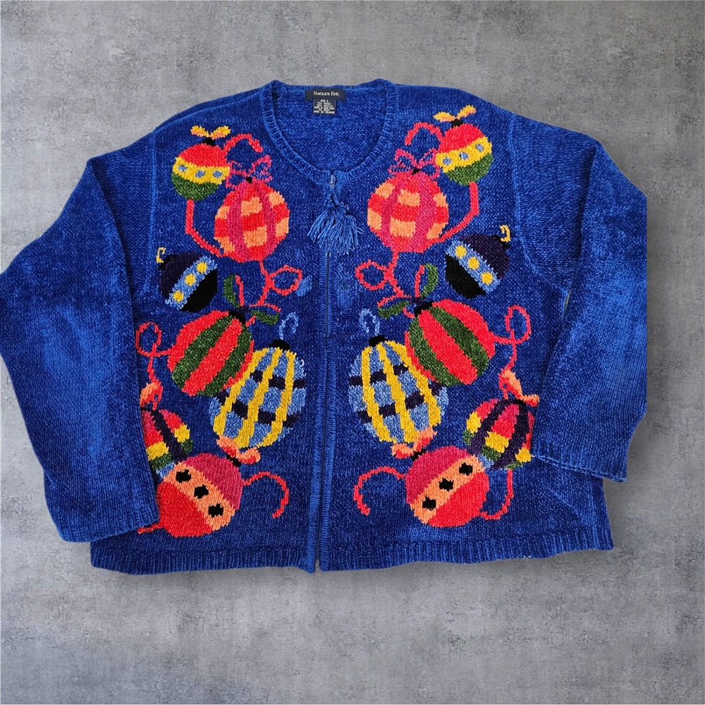 Vintage Eagles Eye Royal Blue Christmas Ornament Zip Up Sweater Cardigan Large
